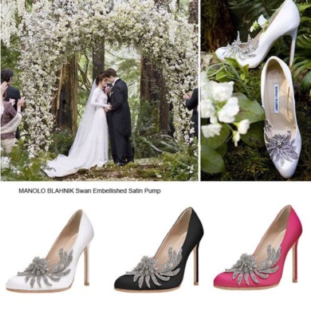 Manolo Blahnik Swan Embellished Satin Pump Heels Silver Sequin Hot Pink Fuschia - Picture 11 of 11